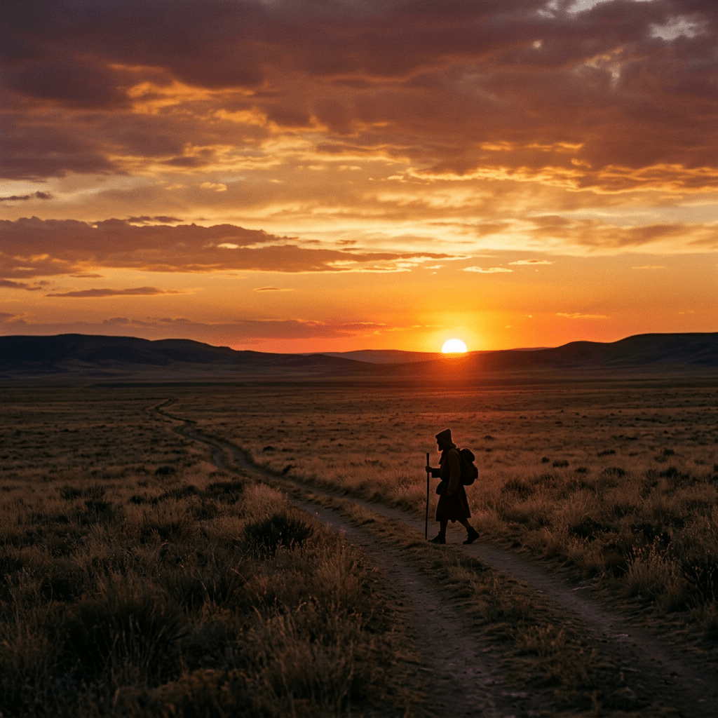 A solitary person with a backpack and walking stick on a dirt trail at sunset